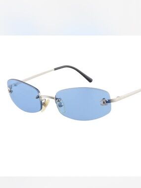 CHANEL Rimless Sunglasses with Blue Lenses and Silver Frames
